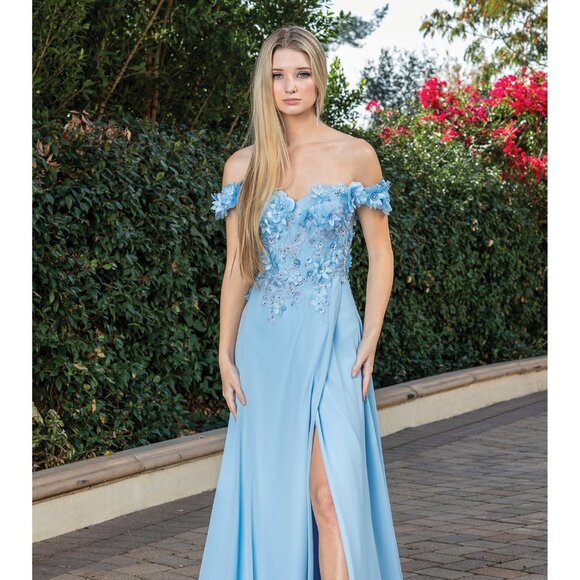 New Off Shoulder Long A-Line Floral Dress w/ Leg Slit & Lace Up Back DQ 4268 - Picture 1 of 9